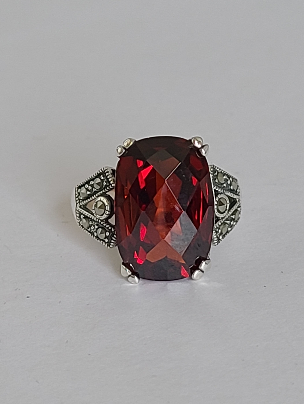 Vintage Art Deco Sterling Silver Marcasite Rectangle Cushion Cut Garnet Ring